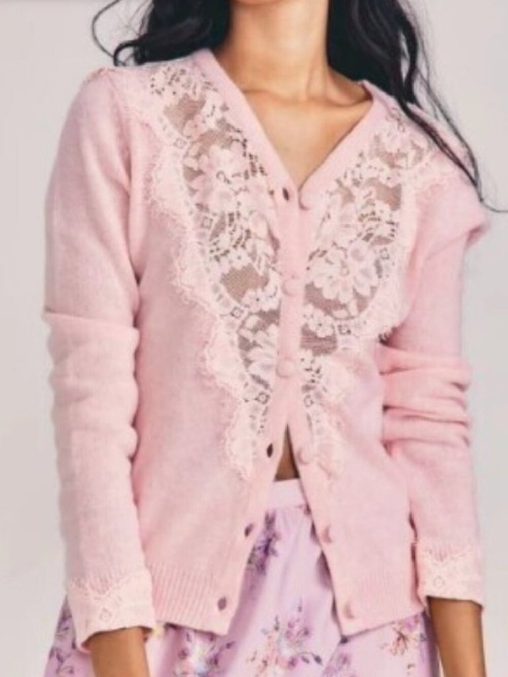 Love Shack Fancy Pink Brandie Cardigan with Lace Inset Sz S